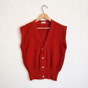 Sears JR Bazaar Sweater Vest Vintage 70s Waffle Knit Orange V-Neck Cardigan S M